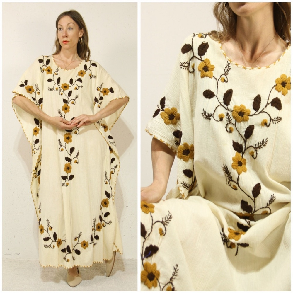 1970s Mexican Kaftan with Gorgeous Floral Embroidery